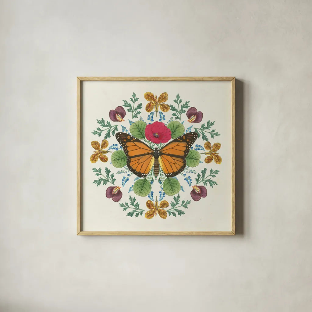 Butterfly Mandala I by Wild Apple Portfolio. Shown in a natural wood glass frame for a timeless modern aesthetic. Available as an archival giclee rolled canvas, fine art paper, or poster print. SKU 34402a.