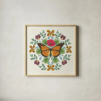 Butterfly Mandala I by Wild Apple Portfolio. Shown in a natural wood glass frame for a timeless modern aesthetic. Available as an archival giclee rolled canvas, fine art paper, or poster print. SKU 34402a.