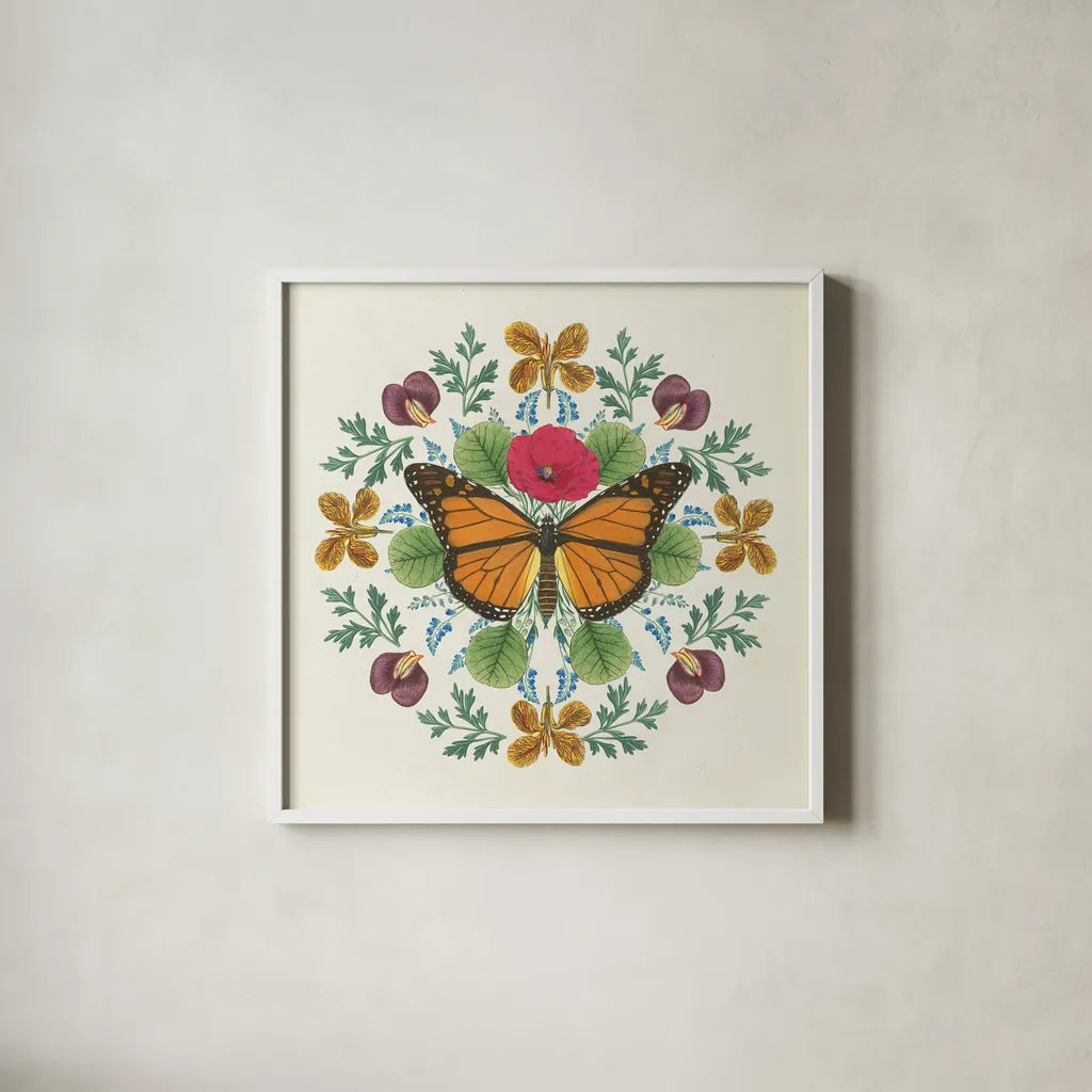 Butterfly Mandala I by Wild Apple Portfolio. Shown in a crisp white glass frame for a clean and minimalist style. Available as an archival giclee rolled canvas, fine art paper, or poster print. SKU 34402a.