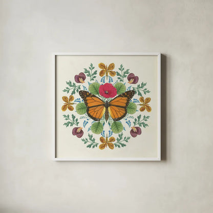 Butterfly Mandala I by Wild Apple Portfolio. Shown in a crisp white glass frame for a clean and minimalist style. Available as an archival giclee rolled canvas, fine art paper, or poster print. SKU 34402a.