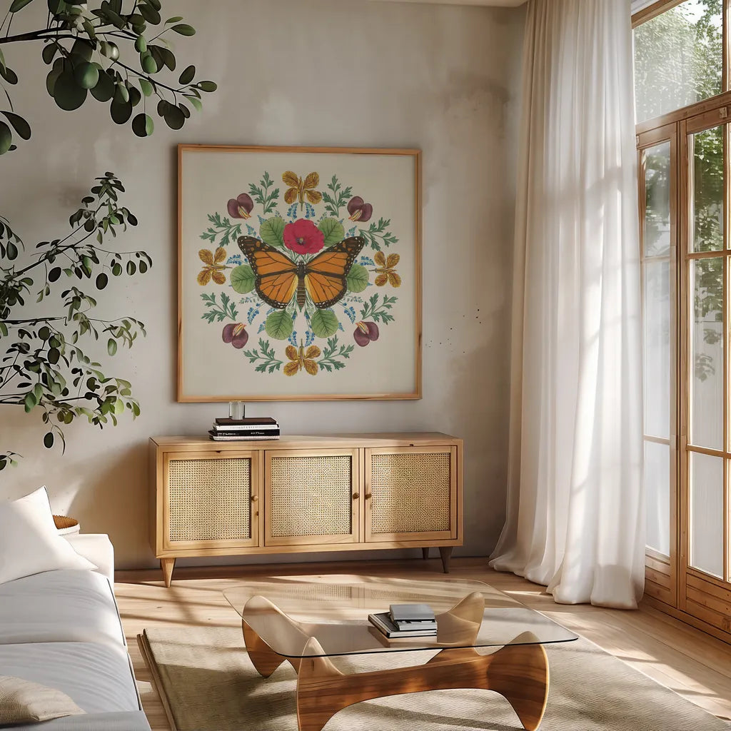 Butterfly Mandala I by Wild Apple Portfolio. Shown in a natural wood frame in a cozy modern living room. Available as an archival giclee rolled canvas, fine art paper, or poster print. SKU 34402a.