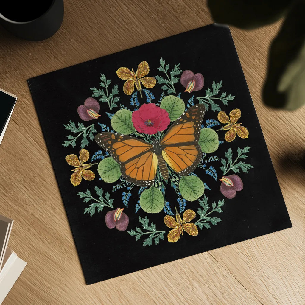 Butterfly Mandala I Black by Wild Apple Portfolio. Shown as a detailed flat fine art print, highlighting archival giclee quality. Available as an archival giclee rolled canvas, fine art paper, or poster print. SKU 51118a.