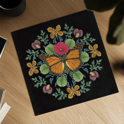 Butterfly Mandala I Black by Wild Apple Portfolio. Shown as a detailed flat fine art print, highlighting archival giclee quality. Available as an archival giclee rolled canvas, fine art paper, or poster print. SKU 51118a.