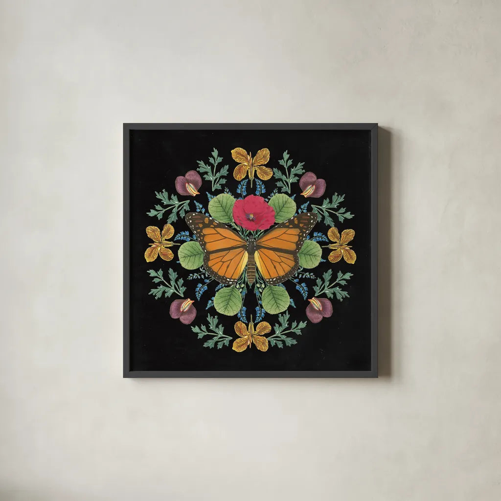 Butterfly Mandala I Black by Wild Apple Portfolio. Shown in a sleek black glass frame for a contemporary gallery look. Available as an archival giclee rolled canvas, fine art paper, or poster print. SKU 51118a.