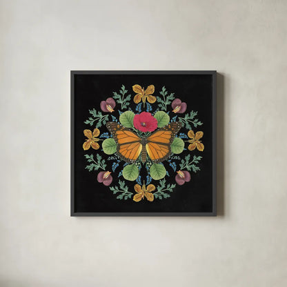 Butterfly Mandala I Black by Wild Apple Portfolio. Shown in a sleek black glass frame for a contemporary gallery look. Available as an archival giclee rolled canvas, fine art paper, or poster print. SKU 51118a.