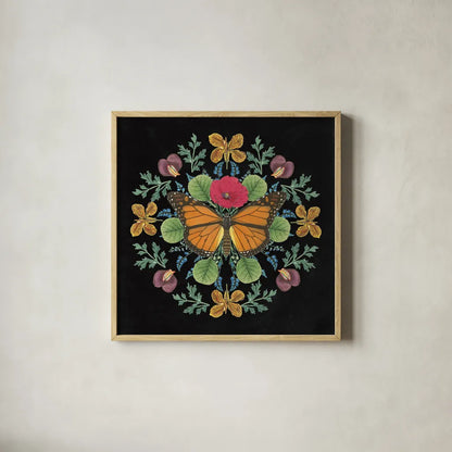 Butterfly Mandala I Black by Wild Apple Portfolio. Shown in a natural wood glass frame for a timeless modern aesthetic. Available as an archival giclee rolled canvas, fine art paper, or poster print. SKU 51118a.