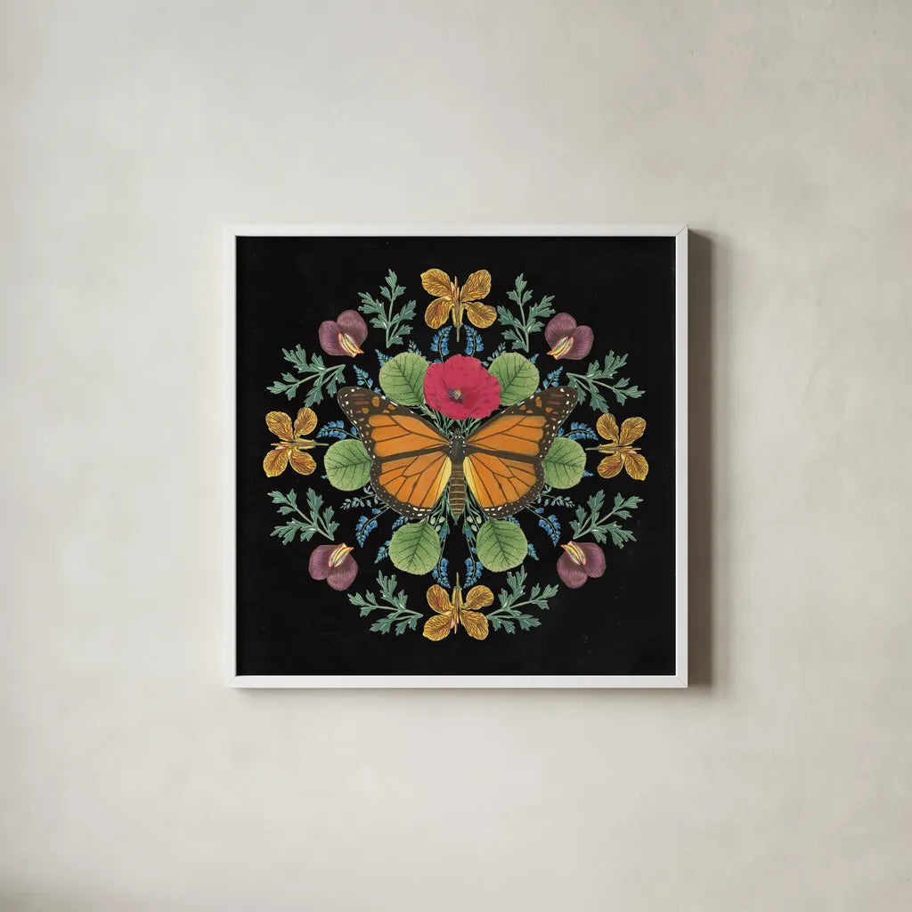 Butterfly Mandala I Black by Wild Apple Portfolio. Shown in a crisp white glass frame for a clean and minimalist style. Available as an archival giclee rolled canvas, fine art paper, or poster print. SKU 51118a.