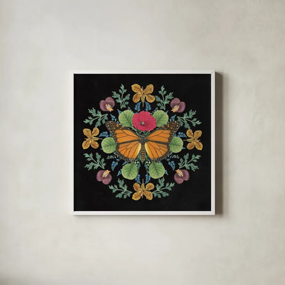 Butterfly Mandala I Black by Wild Apple Portfolio. Shown in a crisp white glass frame for a clean and minimalist style. Available as an archival giclee rolled canvas, fine art paper, or poster print. SKU 51118a.