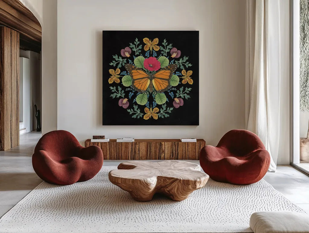 Butterfly Mandala I Black by Wild Apple Portfolio. Shown as extra-large giant wall art in a modern living room. Available as an archival giclee rolled canvas, fine art paper, or poster print. SKU 51118a.