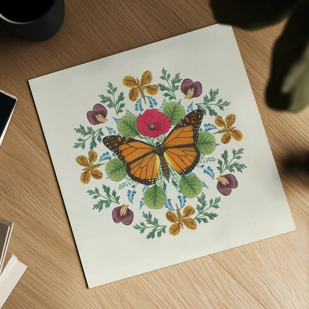 Butterfly Mandala I v2 by Wild Apple Portfolio. Shown as a detailed flat fine art print, highlighting archival giclee quality. Available as an archival giclee rolled canvas, fine art paper, or poster print. SKU 35994a.