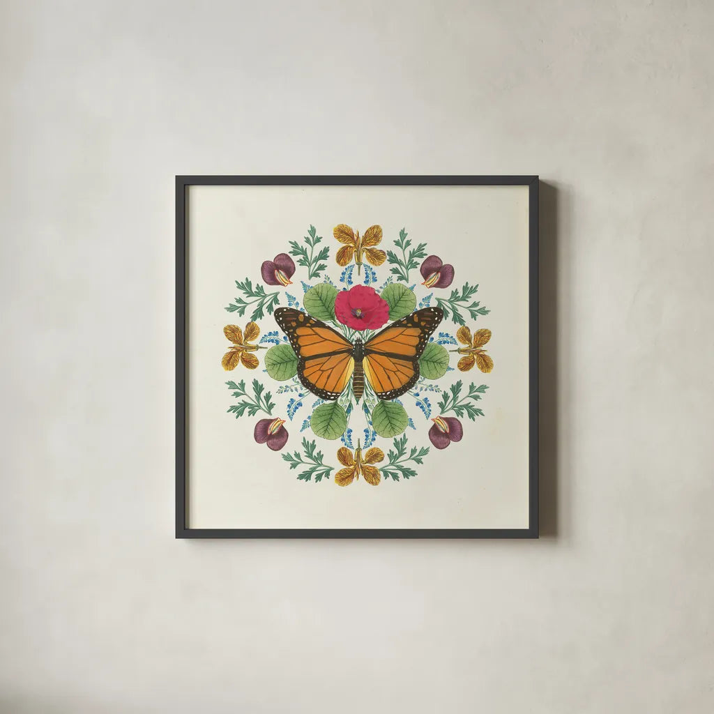 Butterfly Mandala I v2 by Wild Apple Portfolio. Shown in a sleek black glass frame for a contemporary gallery look. Available as an archival giclee rolled canvas, fine art paper, or poster print. SKU 35994a.