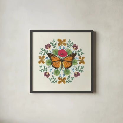 Butterfly Mandala I v2 by Wild Apple Portfolio. Shown in a sleek black glass frame for a contemporary gallery look. Available as an archival giclee rolled canvas, fine art paper, or poster print. SKU 35994a.