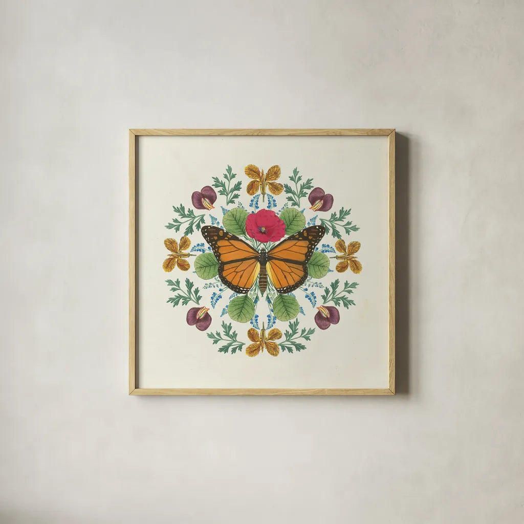 Butterfly Mandala I v2 by Wild Apple Portfolio. Shown in a natural wood glass frame for a timeless modern aesthetic. Available as an archival giclee rolled canvas, fine art paper, or poster print. SKU 35994a.