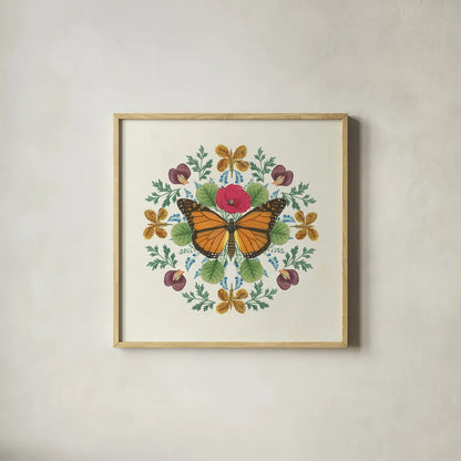 Butterfly Mandala I v2 by Wild Apple Portfolio. Shown in a natural wood glass frame for a timeless modern aesthetic. Available as an archival giclee rolled canvas, fine art paper, or poster print. SKU 35994a.