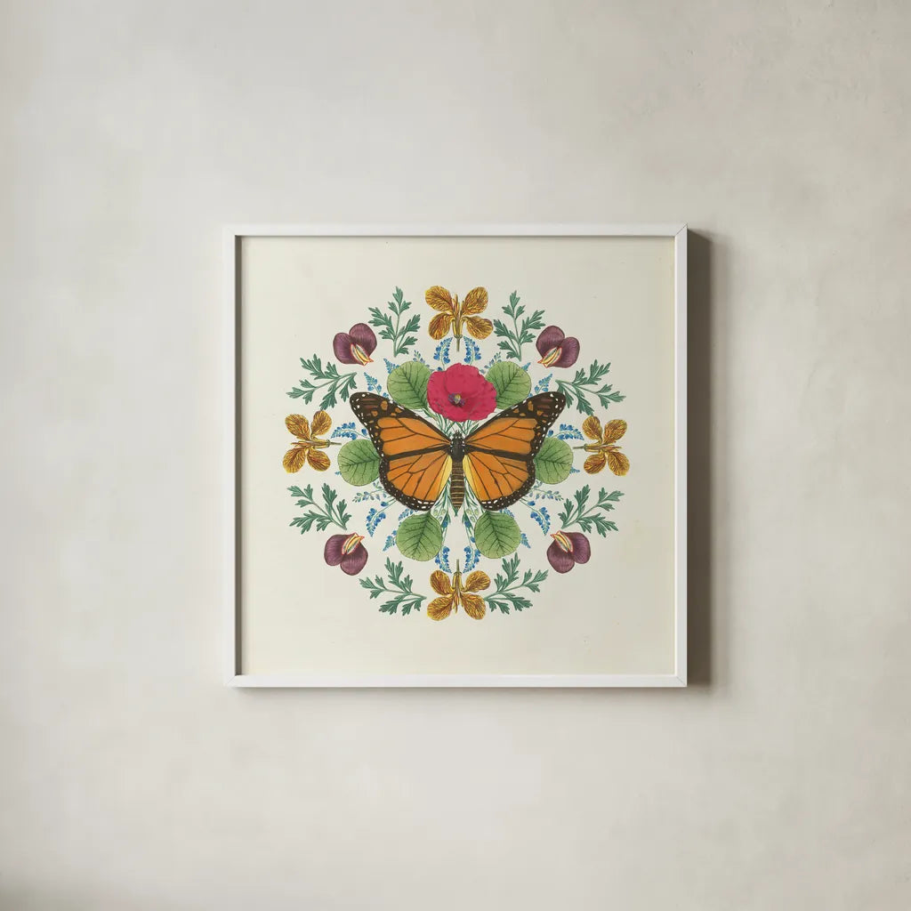 Butterfly Mandala I v2 by Wild Apple Portfolio. Shown in a crisp white glass frame for a clean and minimalist style. Available as an archival giclee rolled canvas, fine art paper, or poster print. SKU 35994a.