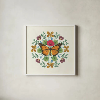 Butterfly Mandala I v2 by Wild Apple Portfolio. Shown in a crisp white glass frame for a clean and minimalist style. Available as an archival giclee rolled canvas, fine art paper, or poster print. SKU 35994a.