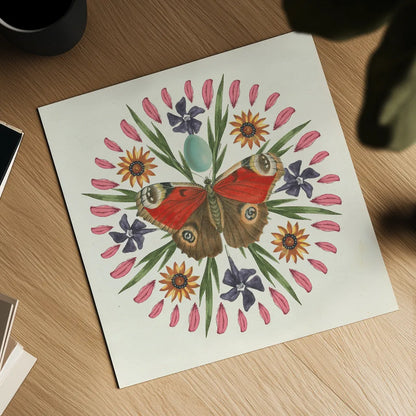 Butterfly Mandala II by Wild Apple Portfolio. Shown as a detailed flat fine art print, highlighting archival giclee quality. Available as an archival giclee rolled canvas, fine art paper, or poster print. SKU 34403a.