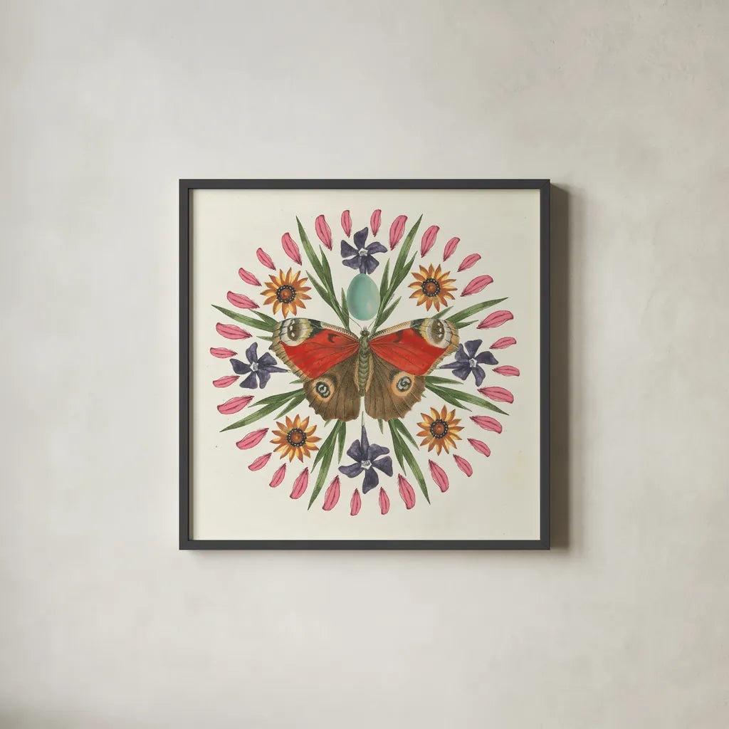 Butterfly Mandala II by Wild Apple Portfolio. Shown in a sleek black glass frame for a contemporary gallery look. Available as an archival giclee rolled canvas, fine art paper, or poster print. SKU 34403a.
