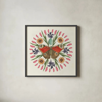 Butterfly Mandala II by Wild Apple Portfolio. Shown in a sleek black glass frame for a contemporary gallery look. Available as an archival giclee rolled canvas, fine art paper, or poster print. SKU 34403a.