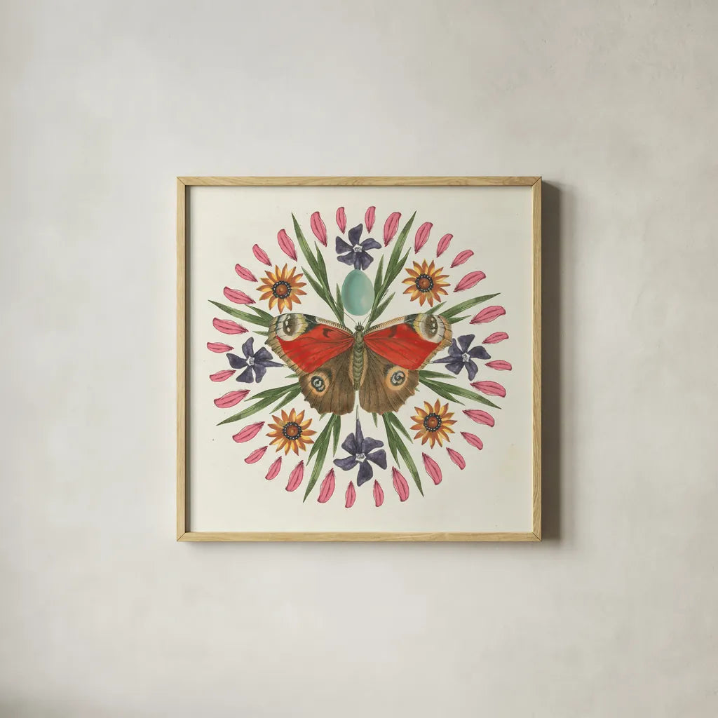 Butterfly Mandala II by Wild Apple Portfolio. Shown in a natural wood glass frame for a timeless modern aesthetic. Available as an archival giclee rolled canvas, fine art paper, or poster print. SKU 34403a.