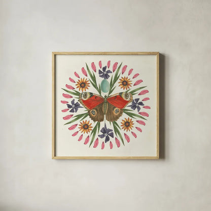 Butterfly Mandala II by Wild Apple Portfolio. Shown in a natural wood glass frame for a timeless modern aesthetic. Available as an archival giclee rolled canvas, fine art paper, or poster print. SKU 34403a.