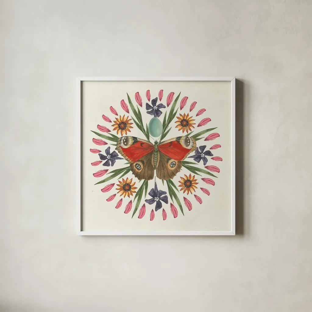 Butterfly Mandala II by Wild Apple Portfolio. Shown in a crisp white glass frame for a clean and minimalist style. Available as an archival giclee rolled canvas, fine art paper, or poster print. SKU 34403a.