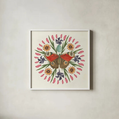 Butterfly Mandala II by Wild Apple Portfolio. Shown in a crisp white glass frame for a clean and minimalist style. Available as an archival giclee rolled canvas, fine art paper, or poster print. SKU 34403a.