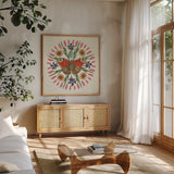 Butterfly Mandala II by Wild Apple Portfolio. Shown in a natural wood frame in a cozy modern living room. Available as an archival giclee rolled canvas, fine art paper, or poster print. SKU 34403a.