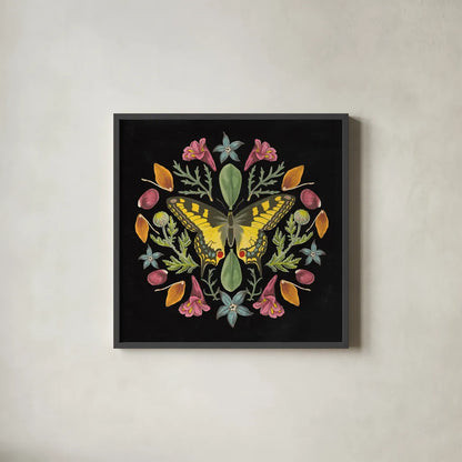 Butterfly Mandala III Black by Wild Apple Portfolio. Shown in a sleek black glass frame for a contemporary gallery look. Available as an archival giclee rolled canvas, fine art paper, or poster print. SKU 51121a.