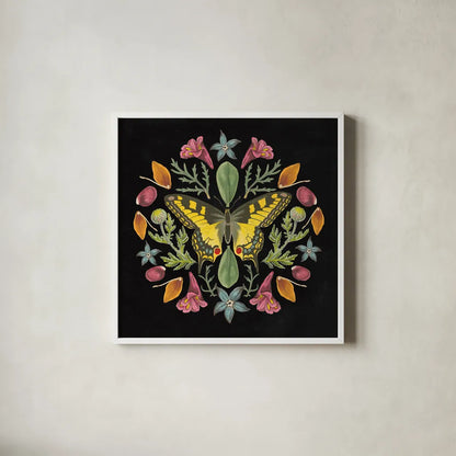 Butterfly Mandala III Black by Wild Apple Portfolio. Shown in a crisp white glass frame for a clean and minimalist style. Available as an archival giclee rolled canvas, fine art paper, or poster print. SKU 51121a.