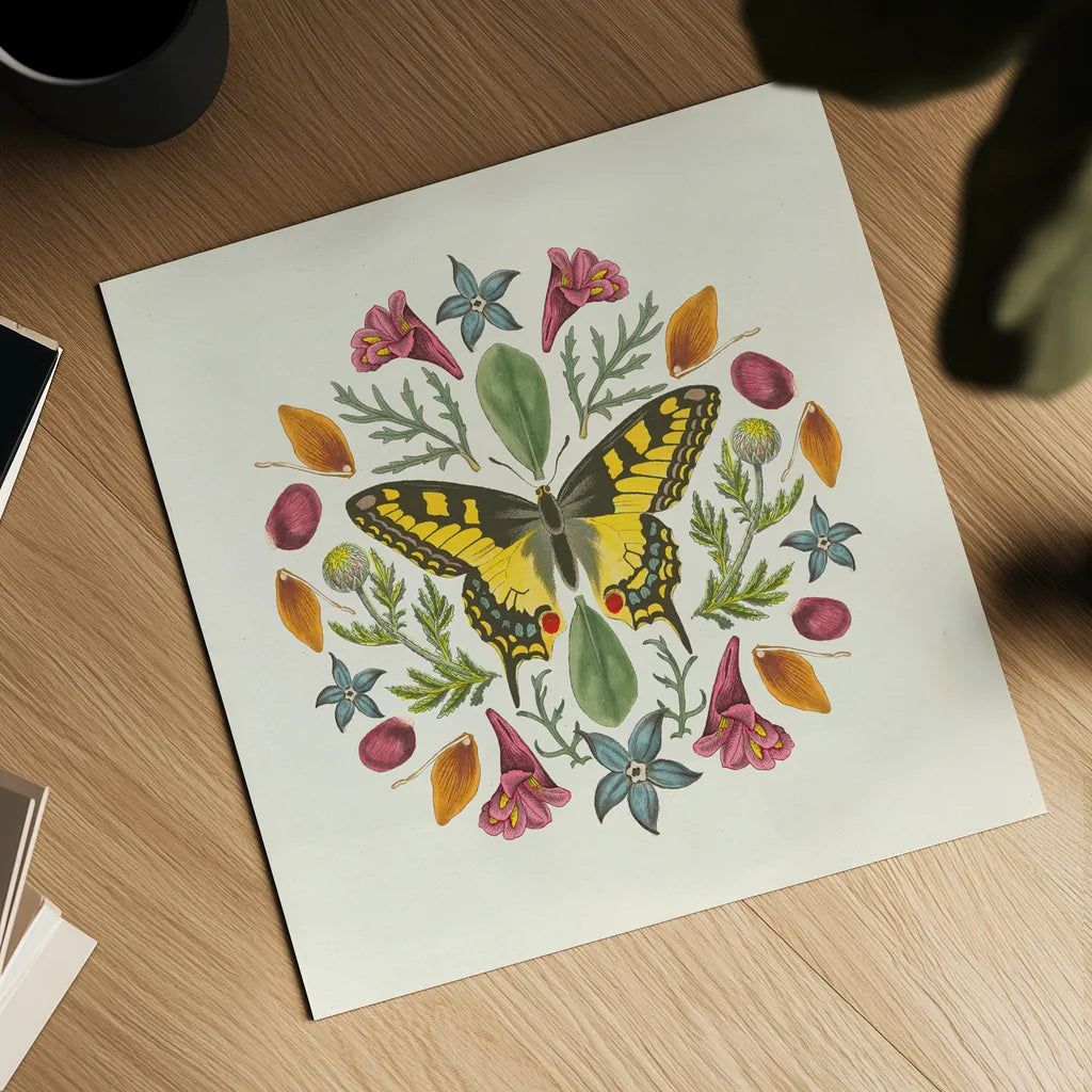 Butterfly Mandala III v2 by Wild Apple Portfolio. Shown as a detailed flat fine art print, highlighting archival giclee quality. Available as an archival giclee rolled canvas, fine art paper, or poster print. SKU 35995a.