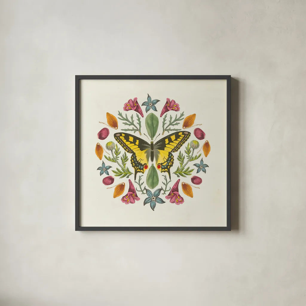 Butterfly Mandala III v2 by Wild Apple Portfolio. Shown in a sleek black glass frame for a contemporary gallery look. Available as an archival giclee rolled canvas, fine art paper, or poster print. SKU 35995a.