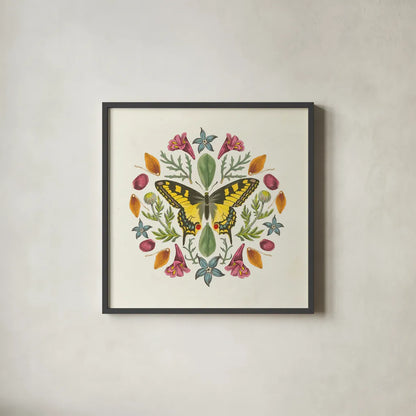 Butterfly Mandala III v2 by Wild Apple Portfolio. Shown in a sleek black glass frame for a contemporary gallery look. Available as an archival giclee rolled canvas, fine art paper, or poster print. SKU 35995a.