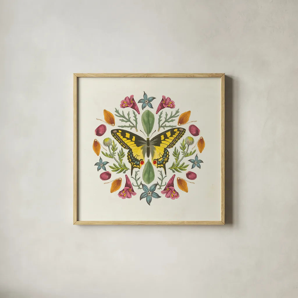 Butterfly Mandala III v2 by Wild Apple Portfolio. Shown in a natural wood glass frame for a timeless modern aesthetic. Available as an archival giclee rolled canvas, fine art paper, or poster print. SKU 35995a.