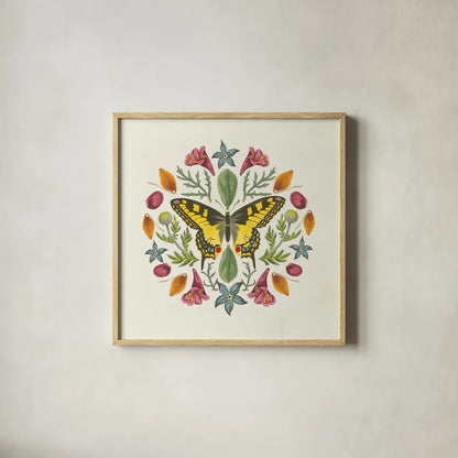 Butterfly Mandala III v2 by Wild Apple Portfolio. Shown in a natural wood glass frame for a timeless modern aesthetic. Available as an archival giclee rolled canvas, fine art paper, or poster print. SKU 35995a.