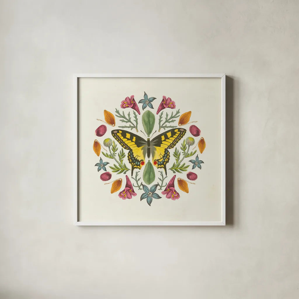 Butterfly Mandala III v2 by Wild Apple Portfolio. Shown in a crisp white glass frame for a clean and minimalist style. Available as an archival giclee rolled canvas, fine art paper, or poster print. SKU 35995a.