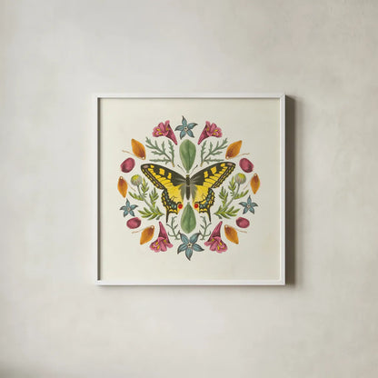 Butterfly Mandala III v2 by Wild Apple Portfolio. Shown in a crisp white glass frame for a clean and minimalist style. Available as an archival giclee rolled canvas, fine art paper, or poster print. SKU 35995a.