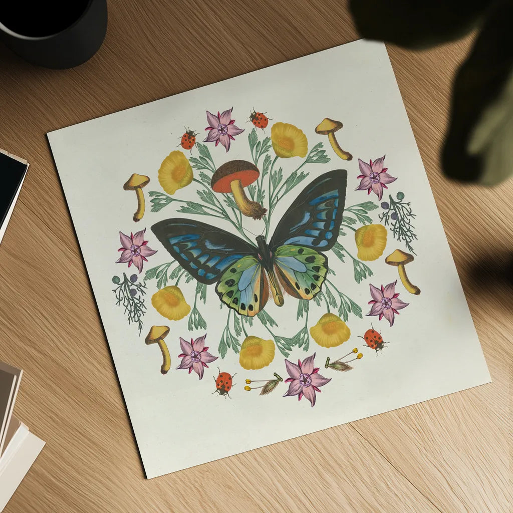 Butterfly Mandala IV by Wild Apple Portfolio. Shown as a detailed flat fine art print, highlighting archival giclee quality. Available as an archival giclee rolled canvas, fine art paper, or poster print. SKU 34405a.