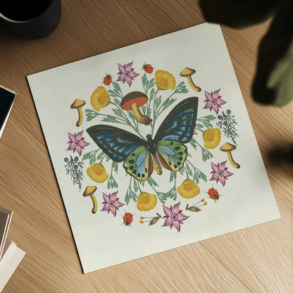 Butterfly Mandala IV by Wild Apple Portfolio. Shown as a detailed flat fine art print, highlighting archival giclee quality. Available as an archival giclee rolled canvas, fine art paper, or poster print. SKU 34405a.