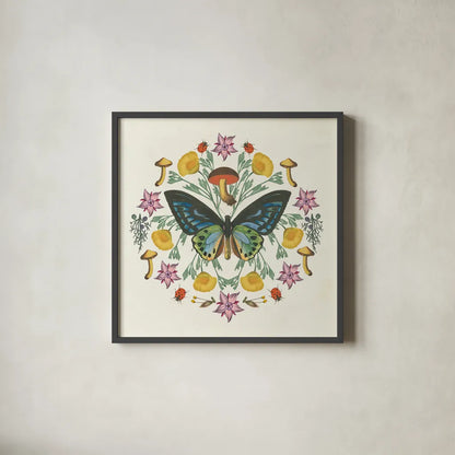 Butterfly Mandala IV by Wild Apple Portfolio. Shown in a sleek black glass frame for a contemporary gallery look. Available as an archival giclee rolled canvas, fine art paper, or poster print. SKU 34405a.