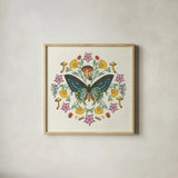 Butterfly Mandala IV by Wild Apple Portfolio. Shown in a natural wood glass frame for a timeless modern aesthetic. Available as an archival giclee rolled canvas, fine art paper, or poster print. SKU 34405a.