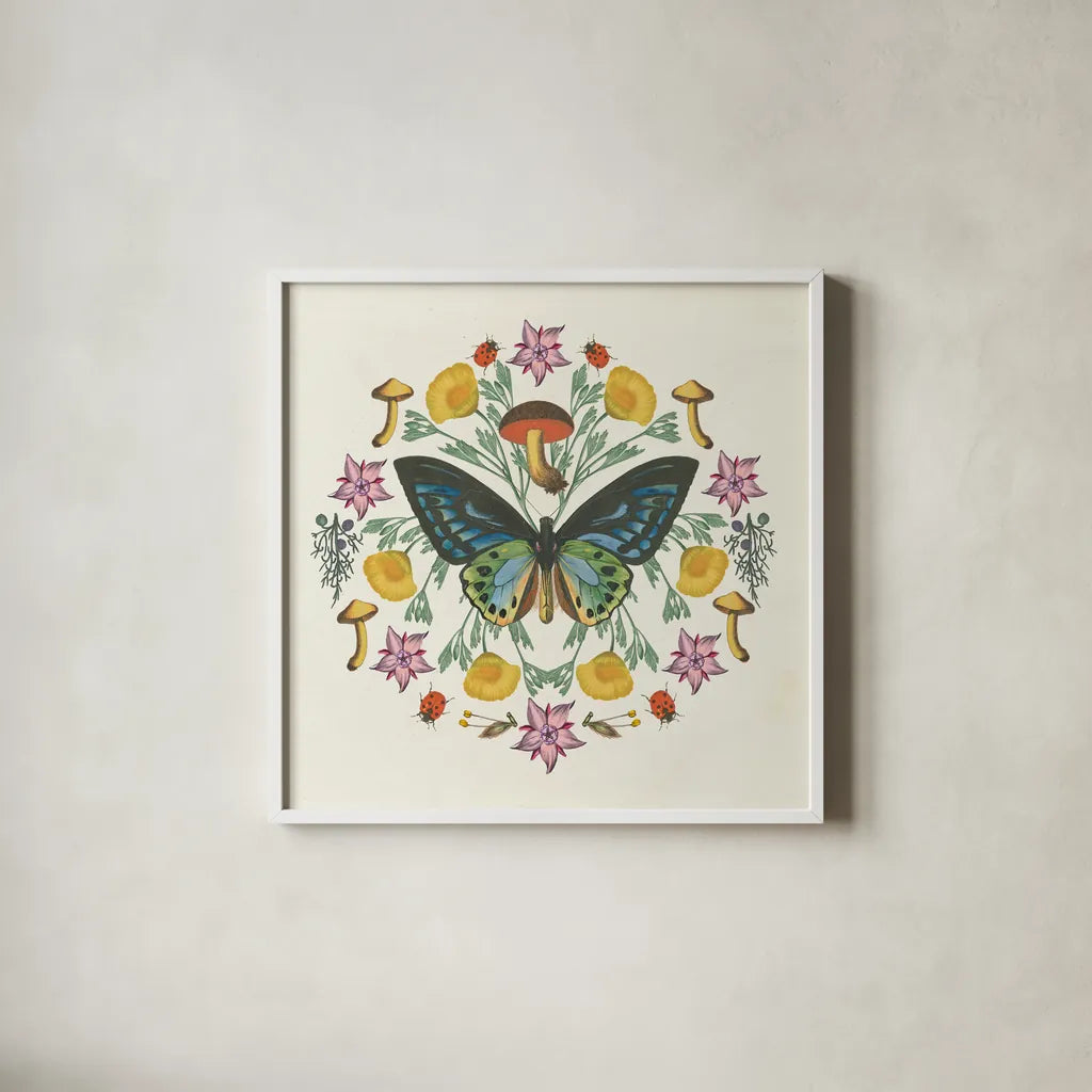 Butterfly Mandala IV by Wild Apple Portfolio. Shown in a crisp white glass frame for a clean and minimalist style. Available as an archival giclee rolled canvas, fine art paper, or poster print. SKU 34405a.