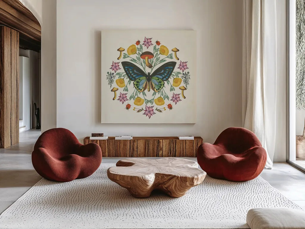 Butterfly Mandala IV by Wild Apple Portfolio. Shown as extra-large giant wall art in a modern living room. Available as an archival giclee rolled canvas, fine art paper, or poster print. SKU 34405a.