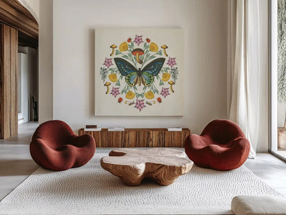 Butterfly Mandala IV by Wild Apple Portfolio. Shown as extra-large giant wall art in a modern living room. Available as an archival giclee rolled canvas, fine art paper, or poster print. SKU 34405a.