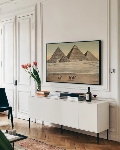Cairo Pyramids by Wild Apple Portfolio. shown as a framed stretched canvas in a living room above a console. Available as a archival giclee rolled canvas, fine art paper, or poster print. SKU 71206i.