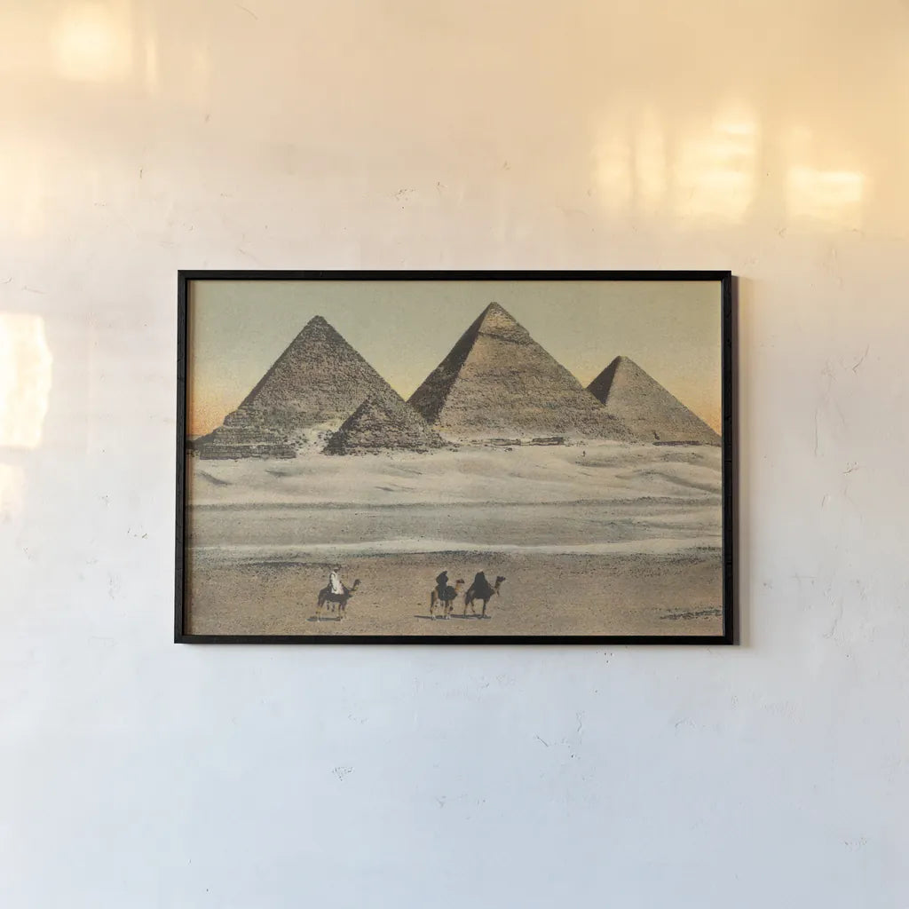 Cairo Pyramids by Wild Apple Portfolio. shown as a paper print in a black flame. Available as a archival giclee rolled canvas, fine art paper, or poster print. SKU 71206i.