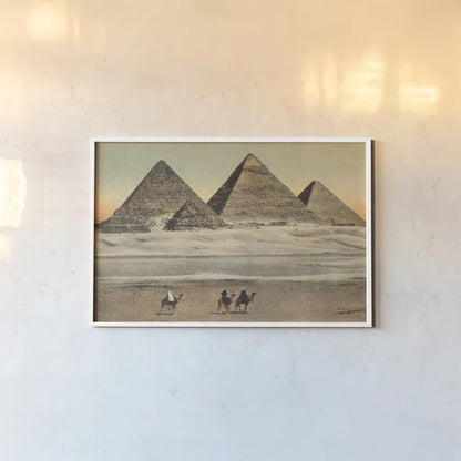 Cairo Pyramids by Wild Apple Portfolio. shown as a paper print in a white frame. Available as a archival giclee rolled canvas, fine art paper, or poster print. SKU 71206i.