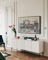 Cairo Village by Wild Apple Portfolio. shown as a framed stretched canvas in a living room above a console. Available as a archival giclee rolled canvas, fine art paper, or poster print. SKU 71225i.