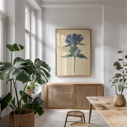 Campanula Vintage by Wild Apple Portfolio. shown as a print in a natural wood frame in a dining room. Available as a archival giclee rolled canvas, fine art paper, or poster print. SKU 45390h.