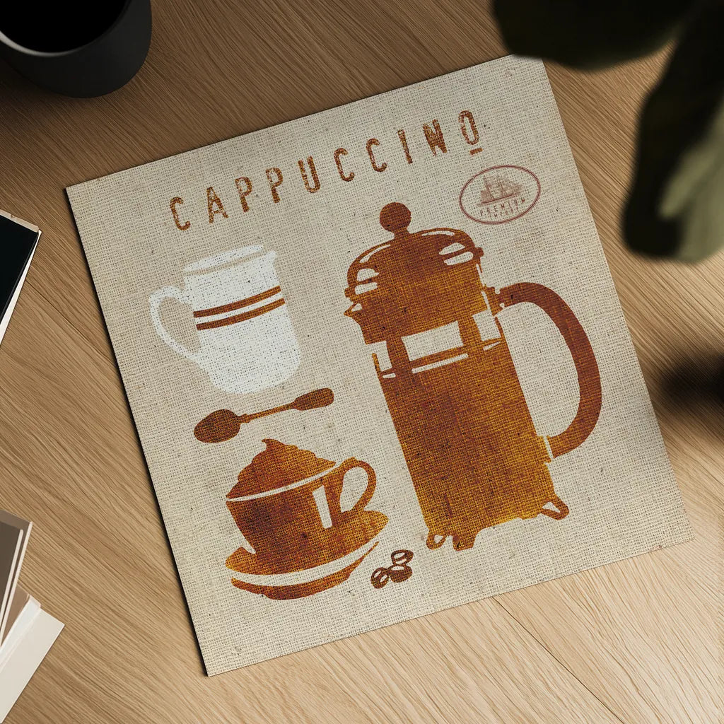 Cappuccino on Linen by Wild Apple Portfolio. Shown as a detailed flat fine art print, highlighting archival giclee quality. Available as an archival giclee rolled canvas, fine art paper, or poster print. SKU 19783a.